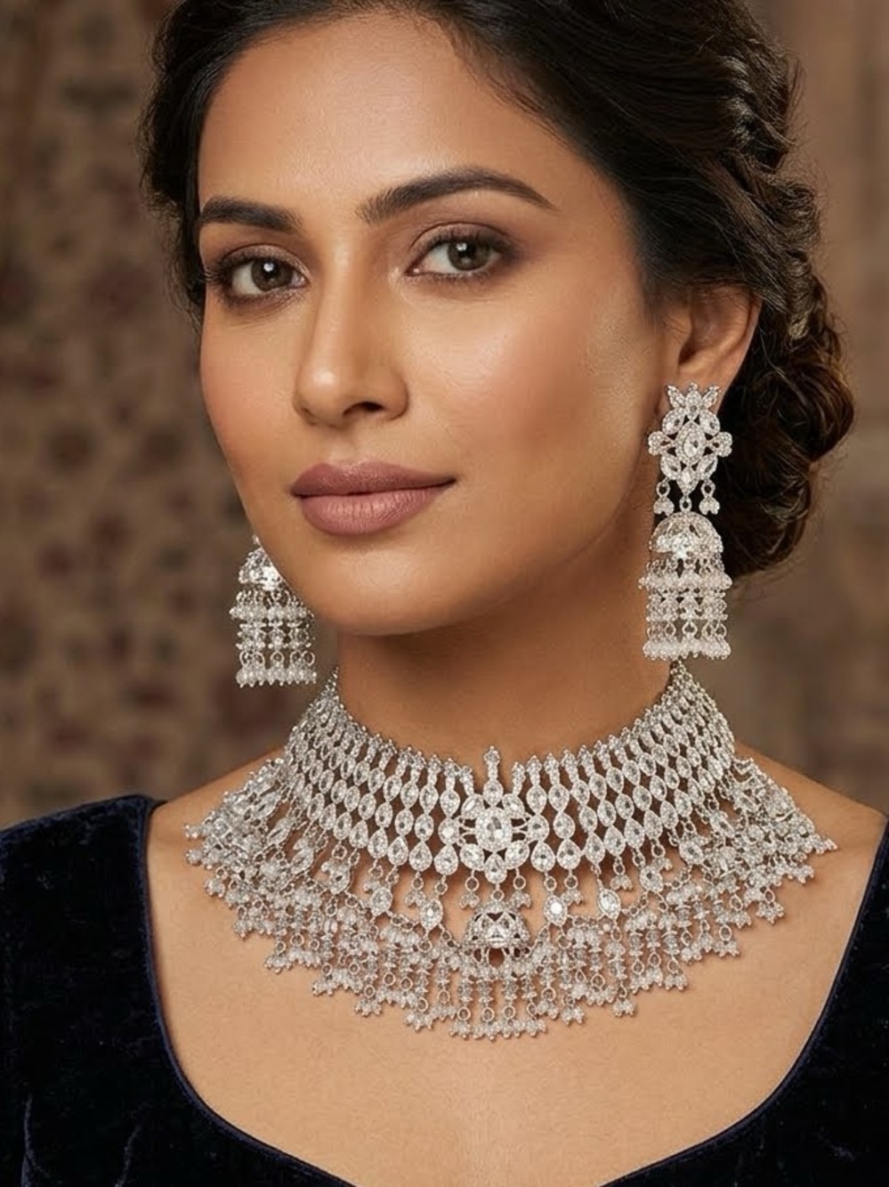 Silver Bridal Choker Necklace with Intricate Metalwork